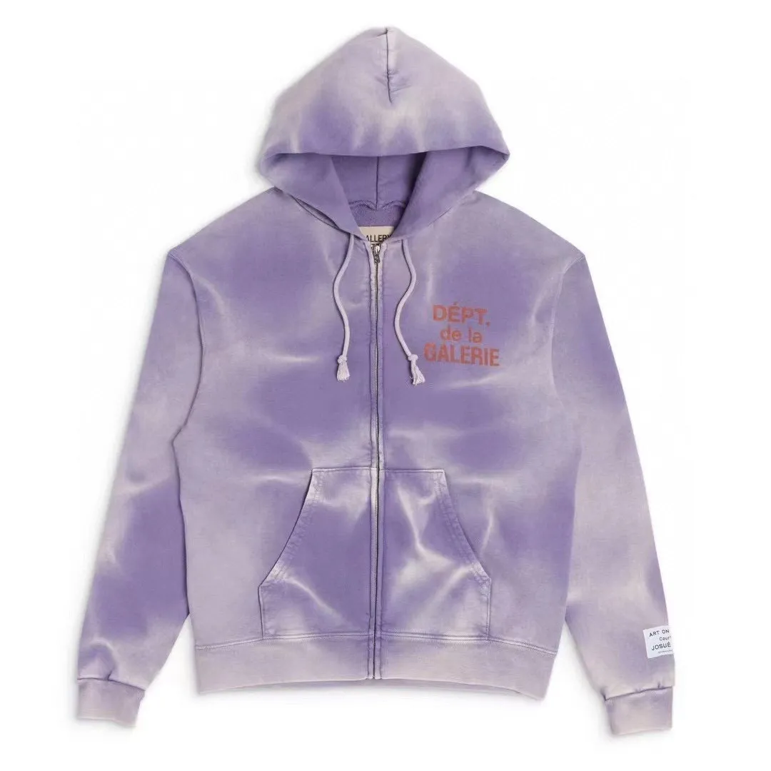 The same style as the owner GALLERY DEPT. FRENCH ZIP HOODIE water corrugated French zipper hole hoodie, sun washed purple, washed purple S-XL, ready-to-wear dyeing, hand-stitched and heavy-weighted, faded, super-heavy washing, hand-hanging holes, bone edges turned white, molded and customized with G LOGO zipper